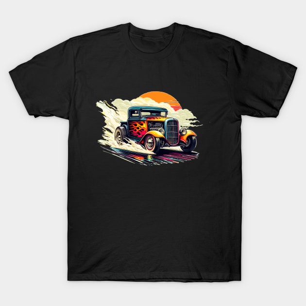 Retro Truck Smoking Hot Rod Pickup Vintage Rat Rod Sunset T-Shirt by Tees 4 Thee